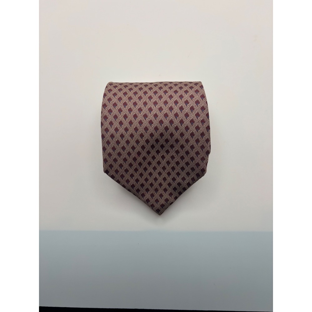 Christian Dior Silk Tie Burgundy Tan Geometric Diamond Made in USA Italy Woven